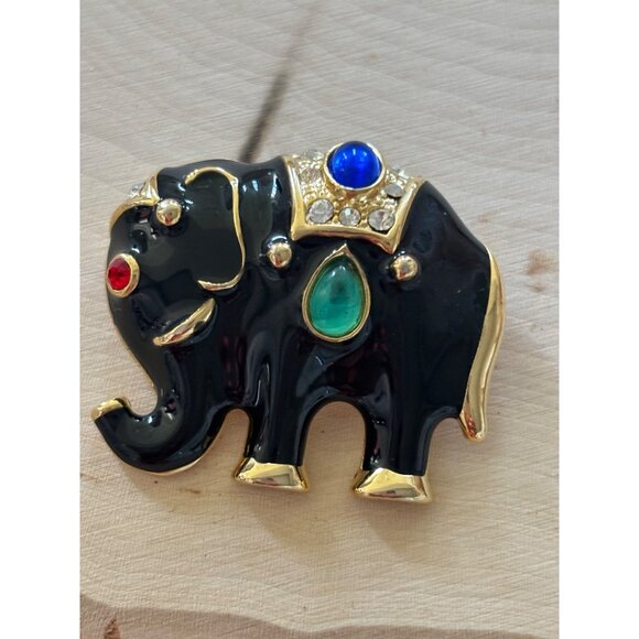 Vintage  Jeweled Elephant Brooch – Black Enamel, Rhinestones & Bold Cabochons - Picture 8 of 9